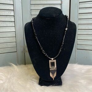 Vintage Q.T. Sterling Black Stone & Silver Bead Statement Necklace